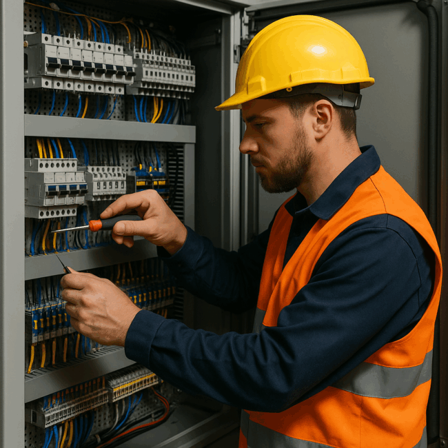 Elektriker bei der Schaltschrankwartung